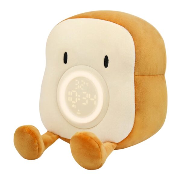 Réveil peluche toast double alarme avec écran LED et pieds orange, vue de face sur fond blanc Réveil peluche toast double alarme avec écran LED et pieds orange, vue de face sur fond blanc