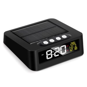 Réveil solaire double alimentation noir avec écran LED et panneau solaire intégré