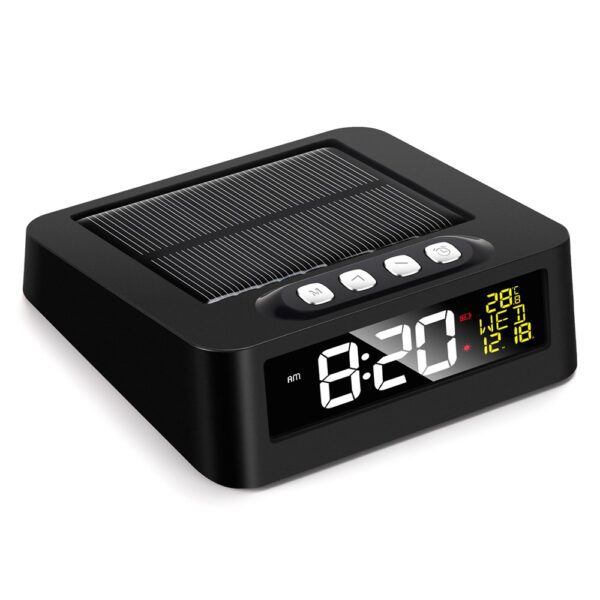 Réveil solaire double alimentation noir avec écran LED et panneau solaire intégré Réveil solaire double alimentation noir avec écran LED et panneau solaire intégré