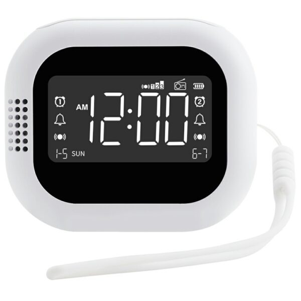 Réveil vibrant blanc avec écran numérique affichant 12:00, design moderne et minimaliste sur fond blanc. Réveil vibrant blanc avec écran numérique affichant 12:00, design moderne et minimaliste sur fond blanc.