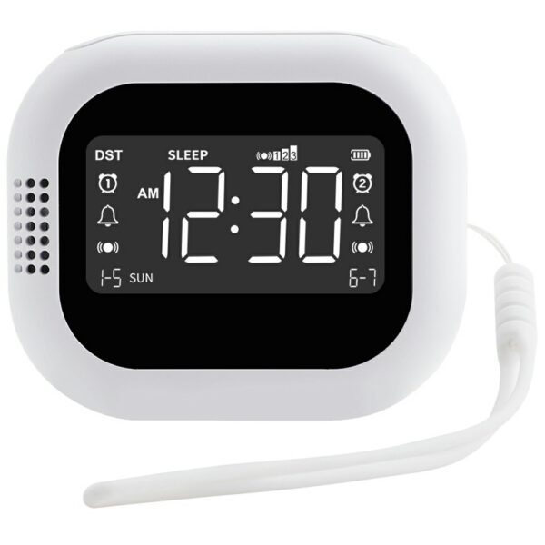 Réveil vibrant portable avec dragonne, vue de face montrant l'écran numérique et les icônes de fonctionnalités. Réveil vibrant portable avec dragonne, vue de face montrant l'écran numérique et les icônes de fonctionnalités.