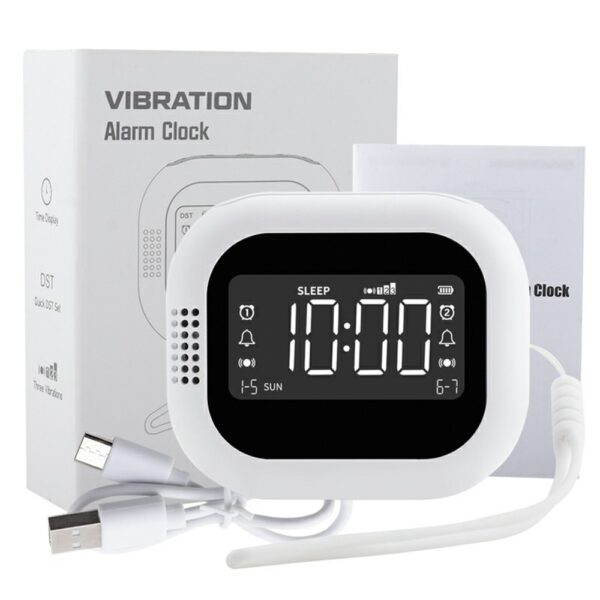 Réveil vibrant portable blanc présenté avec sa boîte et son câble de charge USB