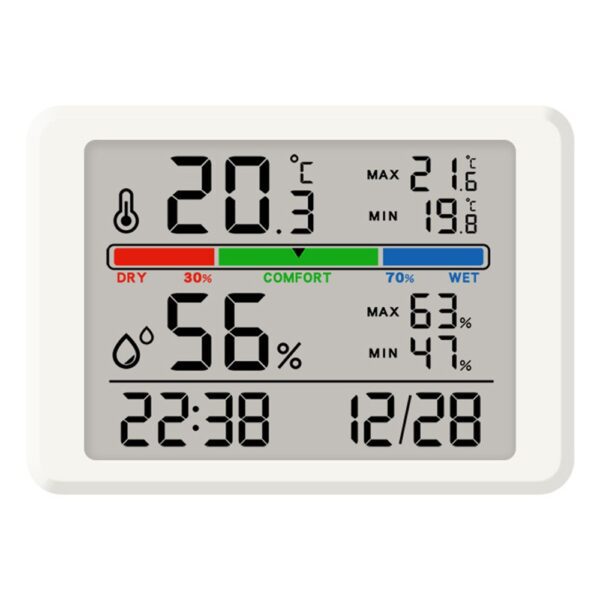 Station météo 3 en 1 blanche affichant température, humidité et heure sur un écran numérique clair. Station météo 3 en 1 blanche affichant température, humidité et heure sur un écran numérique clair.