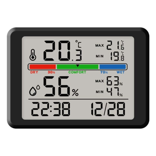 Station météo digitale noire affichant température, humidité, heure et date sur écran LCD clair.