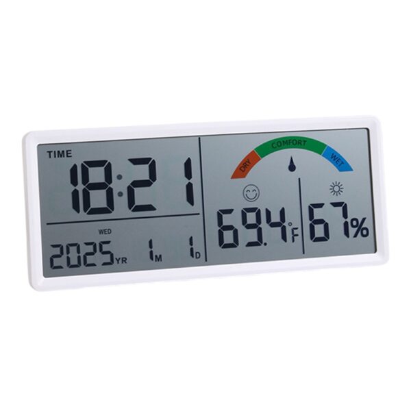 Station météo murale multifonction blanche avec écran LCD affichant l'heure, la date, la température et l'humidité.