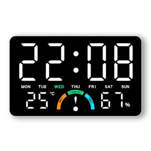 Station météo réveil blanc avec grand écran LED affichant l'heure, la température, l'humidité et le jour de la semaine.