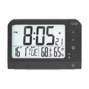 Station météo réveil YD109 noir, écran LCD incliné, affiche heure, température et humidité sur fond blanc.