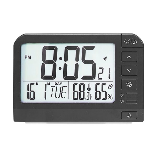 Station météo réveil YD109 noir, écran LCD incliné, affiche heure, température et humidité sur fond blanc. Station météo réveil YD109 noir, écran LCD incliné, affiche heure, température et humidité sur fond blanc.