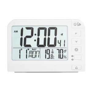 Station météo réveil YD109 blanc, vue de face sur fond neutre, affiche l'heure, la date, la température et l'humidité.