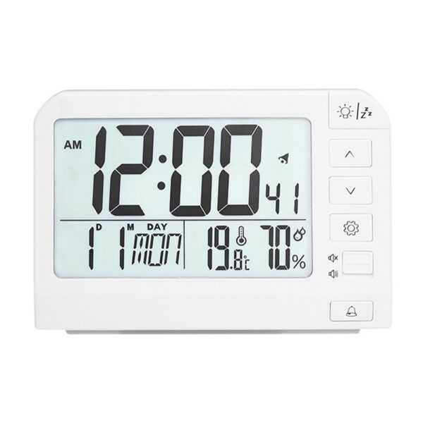 Station météo réveil YD109 blanc, vue de face sur fond neutre, affiche l'heure, la date, la température et l'humidité. Station météo réveil YD109 blanc, vue de face sur fond neutre, affiche l'heure, la date, la température et l'humidité.