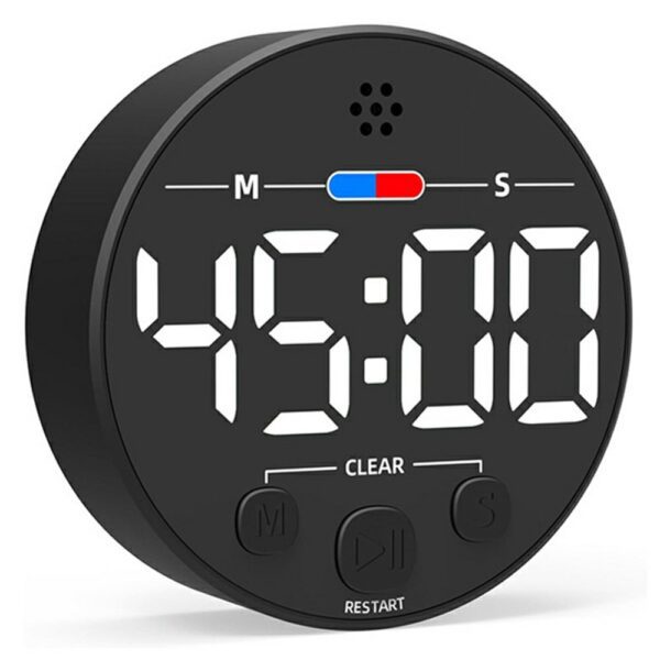 Timer magnétique LED noir avec grand affichage numérique 45:00, boutons M, S, Clear et Restart, design compact.