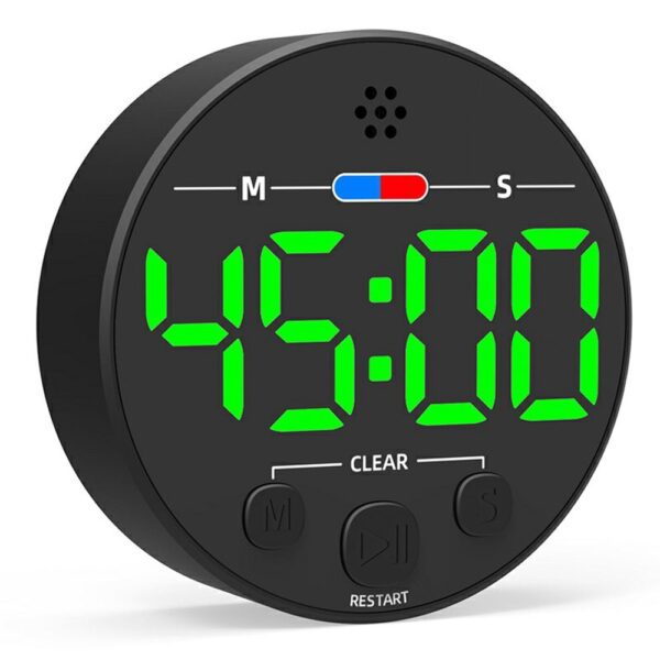 Timer magnétique LED noir avec écran vert 45:00, boutons M, S, Clear et Restart sur fond blanc.