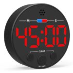 Timer magnétique LED noir avec écran rouge affichant 45:00, boutons M, S, Clear et Restart, vue de face sur fond blanc.