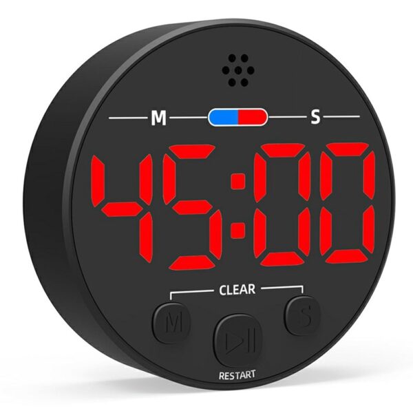Timer magnétique LED noir avec écran rouge affichant 45:00, boutons M, S, Clear et Restart, vue de face sur fond blanc.
