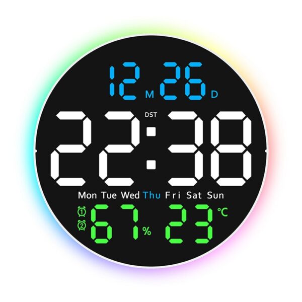 Station météo horloge murale 25 cm avec affichage numérique et éclairage LED multicolore pour une ambiance moderne. Station météo horloge murale 25 cm avec affichage numérique et éclairage LED multicolore pour une ambiance moderne.